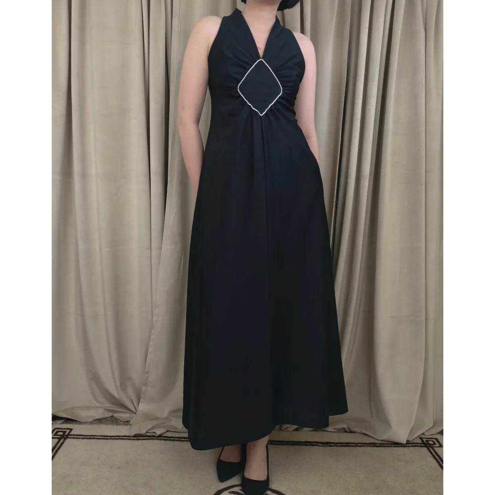 Vintage Black Sleeveless Halter Neck Maxi Dress with Beaded Accent - Picture 2 of 7